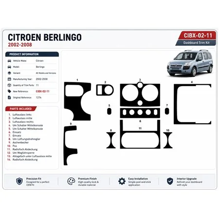 Citroen Berlingo 2002-2008 kit décor tableau de bord 3D, 11 pièces