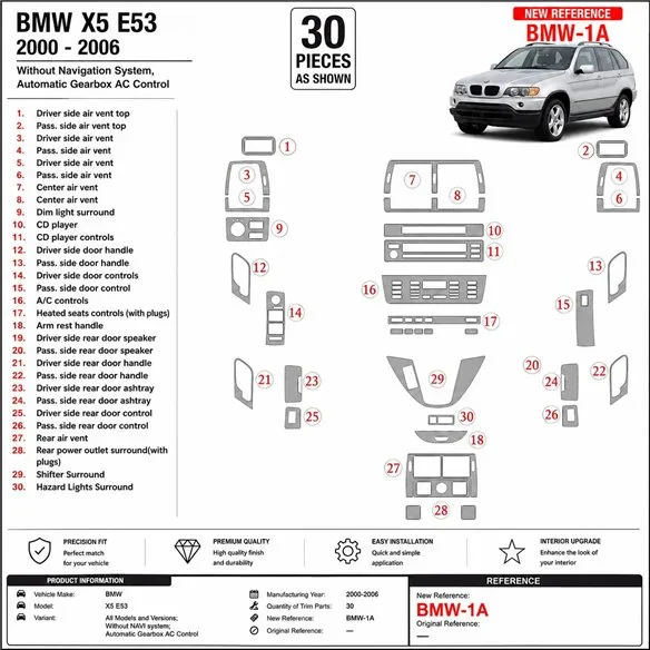 BMW X5 2000-2006 sans navigation system, boîte climatisation kit décor tableau de bord 3D