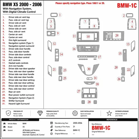 BMW X5 2000-2006 avec navigation system kit décor tableau de bord 3D