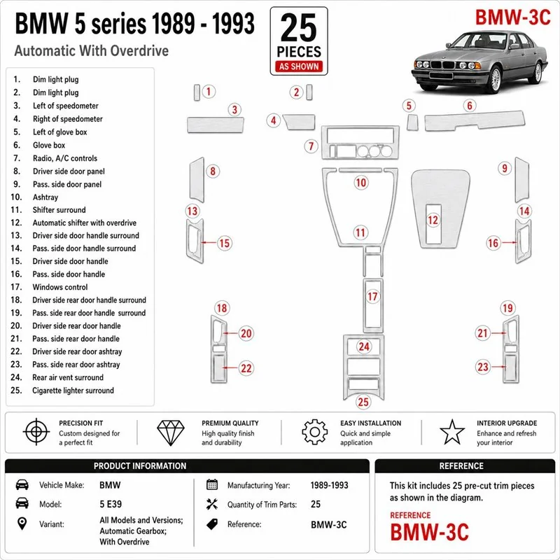 BMW 5 E34 1989-1993 boîte auto, With Overdrive kit décor tableau de bord 3D, 25 pièces