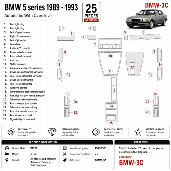 BMW 5 E34 1989-1993 boîte auto, With Overdrive kit décor tableau de bord 3D, 25 pièces