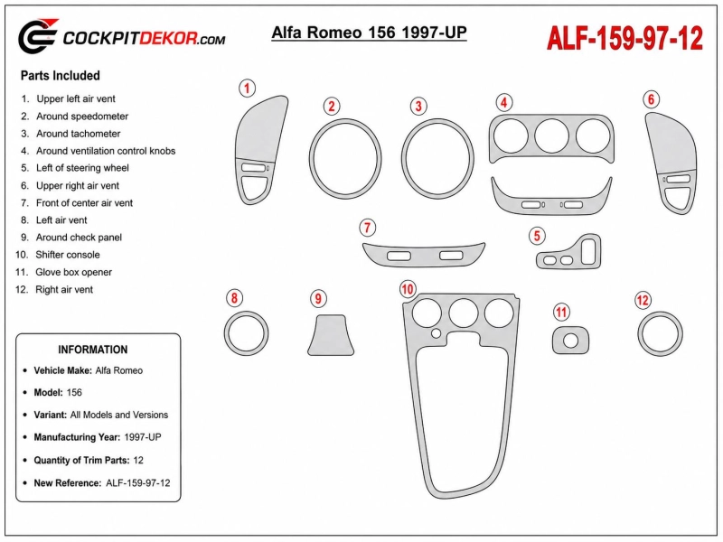 Alfa Romeo 156 1997+ kit décor tableau de bord 3D, 12 pièces
