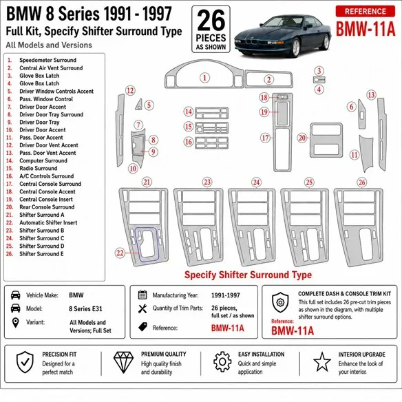 BMW 8 Series E31 1991-1997 set complet kit décor tableau de bord 3D