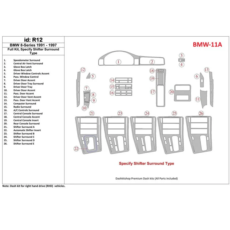 BMW 8 Series E31 1991-1997 set complet kit décor tableau de bord 3D