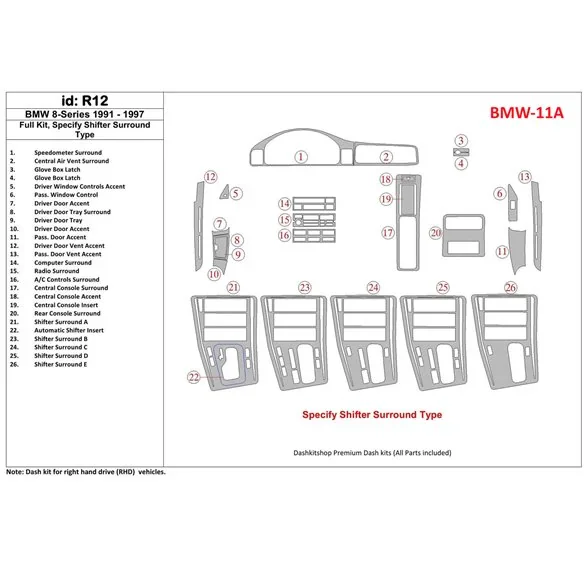 BMW 8 Series E31 1991-1997 set complet kit décor tableau de bord 3D