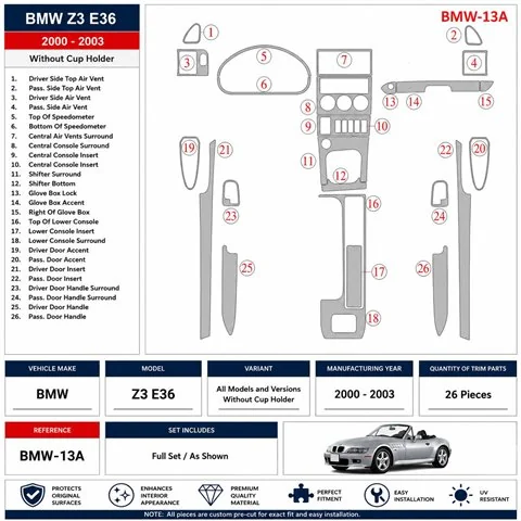 BMW Z3 2000-2003 Without glass-holder kit décor tableau de bord 3D 2