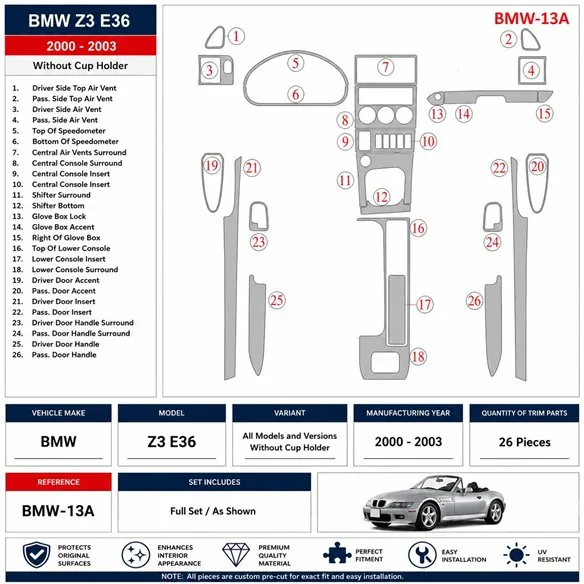 BMW Z3 2000-2003 Without glass-holder kit décor tableau de bord 3D