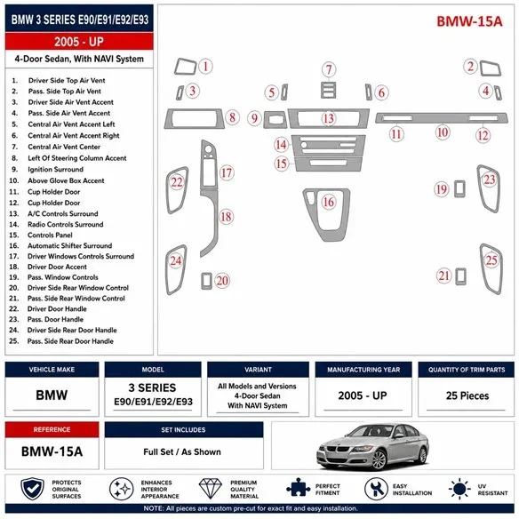 BMW 3 2005+ 4 Doors Sedan, avec navigation system kit décor tableau de bord 3D