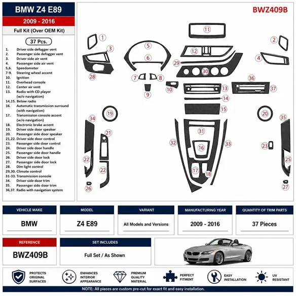 BMW Z4 E89 2009-2016 kit décor tableau de bord 3D, 37 pièces