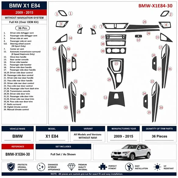 BMW X1 E84 2009-2015 NAVI kit décor tableau de bord 3D, 36 pièces