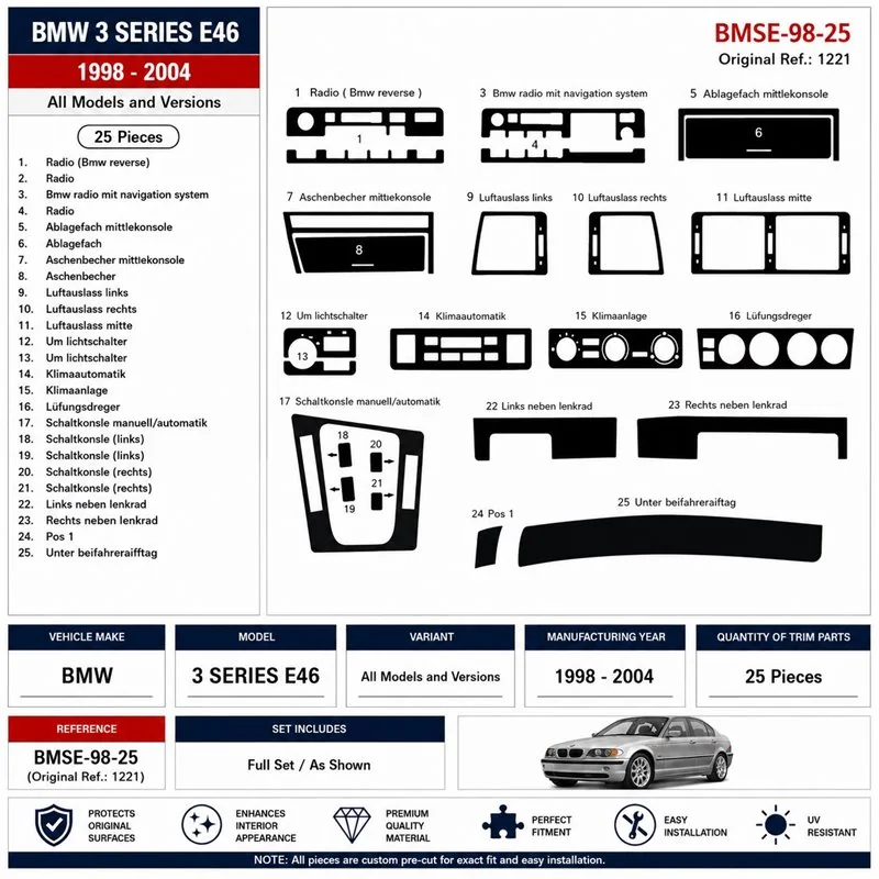 BMW 3 Series E46 1998-2004 kit décor tableau de bord 3D, 25 pièces