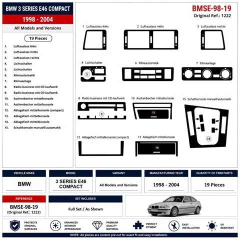 BMW 3 Series E46 Compact 1998-2004 kit décor tableau de bord 3D, 19 pièces 2
