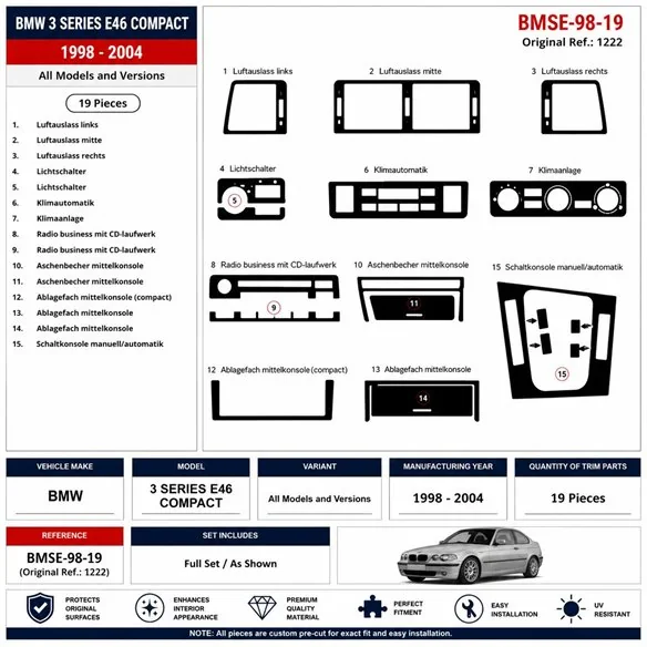 BMW 3 Series E46 Compact 1998-2004 kit décor tableau de bord 3D, 19 pièces