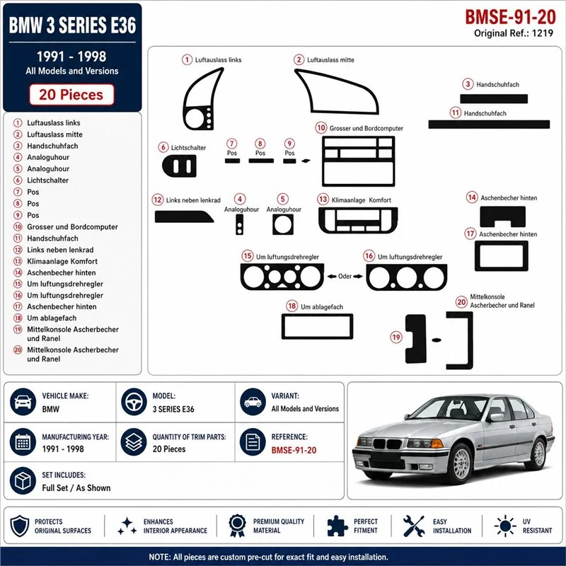 BMW 3 Series E36 1991-1998 kit décor tableau de bord 3D, 20 pièces