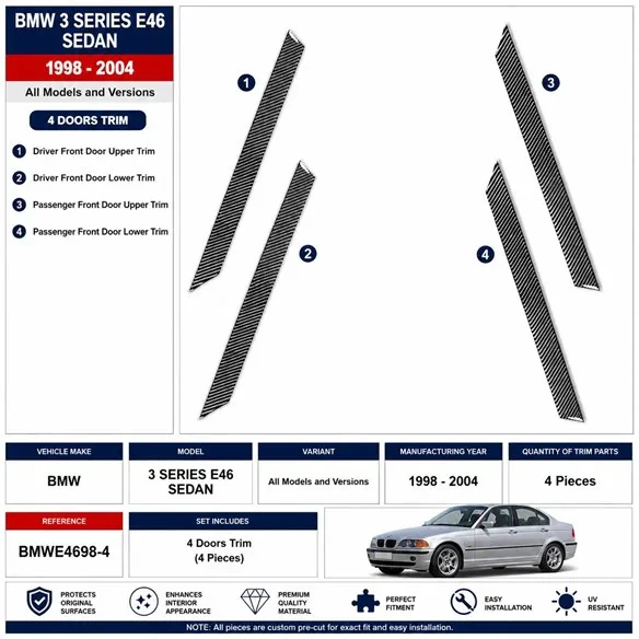 BMW 3 Series E46 1998-2004 kit décor tableau de bord 3D, 4 pièces