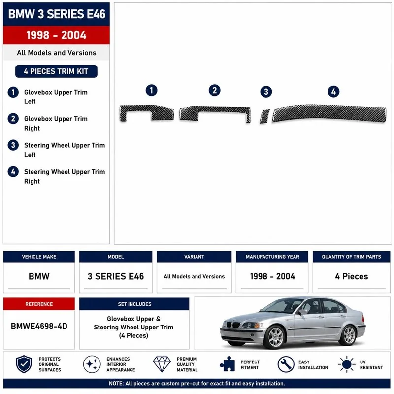BMW 3 Series E46 1998-2004 kit décor tableau de bord 3D, 4 pièces