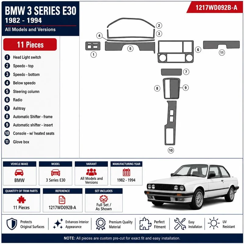 BMW 3 Series E30 1982-1994 kit décor tableau de bord 3D, 11 pièces