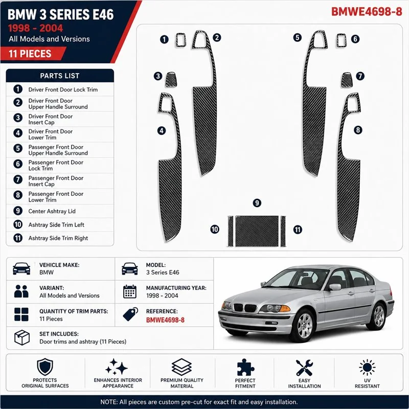 BMW 3 Series E46 1998-2004 kit décor tableau de bord 3D, 11 pièces