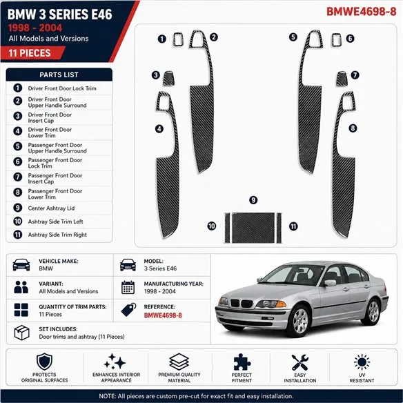 BMW 3 Series E46 1998-2004 kit décor tableau de bord 3D, 11 pièces