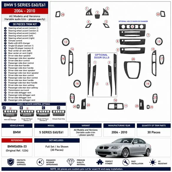 BMW 5 Series E60/E61 2004-2010 kit décor tableau de bord 3D, 33 pièces
