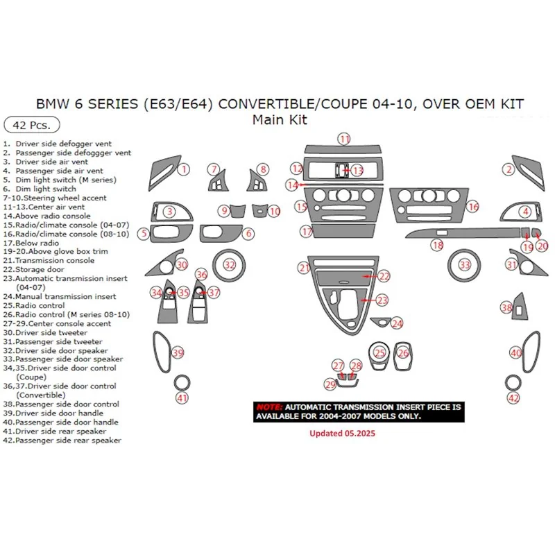 BMW 6-Series E 63 2008-2010 kit décor tableau de bord 3D, 41 pièces