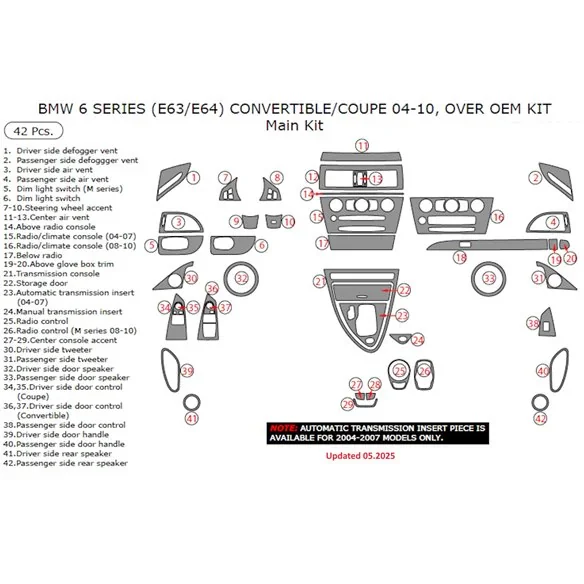 BMW 6-Series E 63 2008-2010 kit décor tableau de bord 3D, 41 pièces