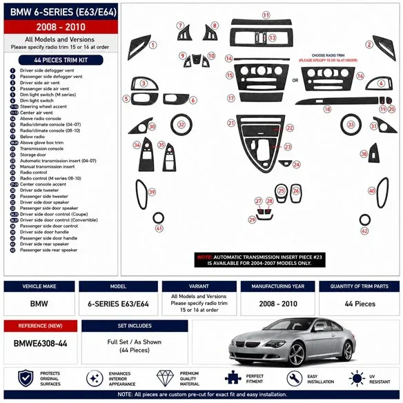 BMW 6-Series E 63 2008-2010 kit décor tableau de bord 3D, 41 pièces