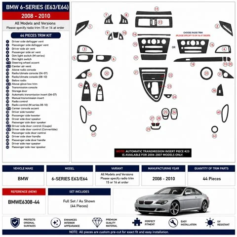 BMW 6-Series E 63 2004-2008 kit décor tableau de bord 3D, 41 pièces