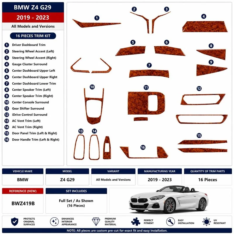 BMW Z4 G29 2019-2023 kit décor tableau de bord 3D, 16 pièces