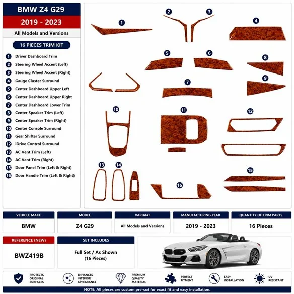 BMW Z4 G29 2019-2023 kit décor tableau de bord 3D, 16 pièces