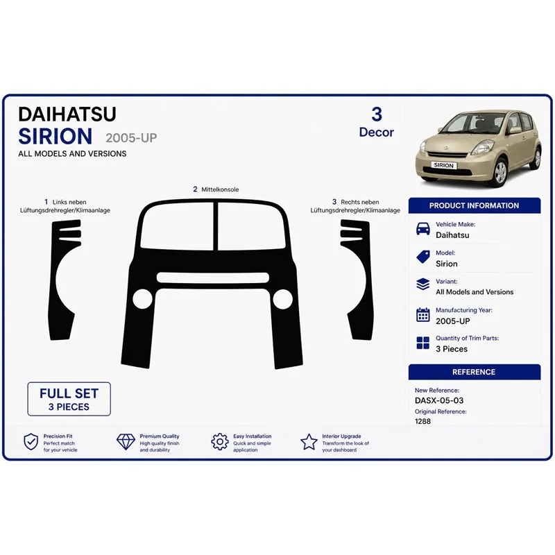 Daihatsu Sirion 2005+ kit décor tableau de bord 3D, 3 pièces