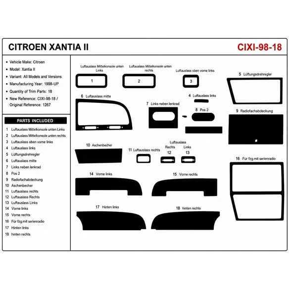 Citroen Xantia II 1998+ kit décor tableau de bord 3D, 18 pièces
