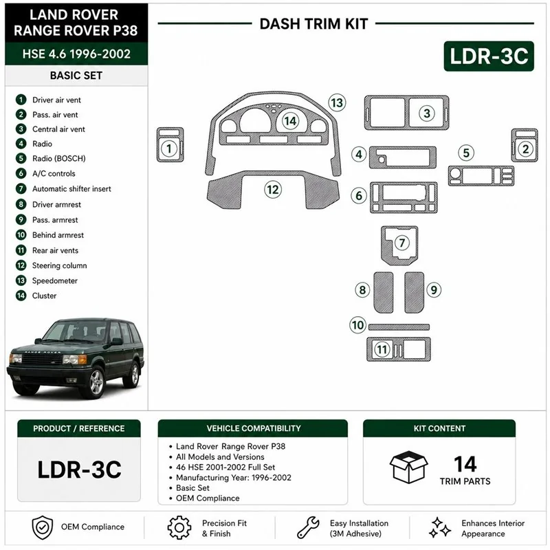 Land Rover Range Rover P38 1996-2002 46 HSE 2001-2002 set complet kit décor tableau de bord 3D, 14 pièces