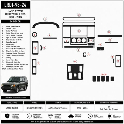 Land Rover Discovery II TD5 1998-2004 kit décor tableau de bord 3D, 24 pièces