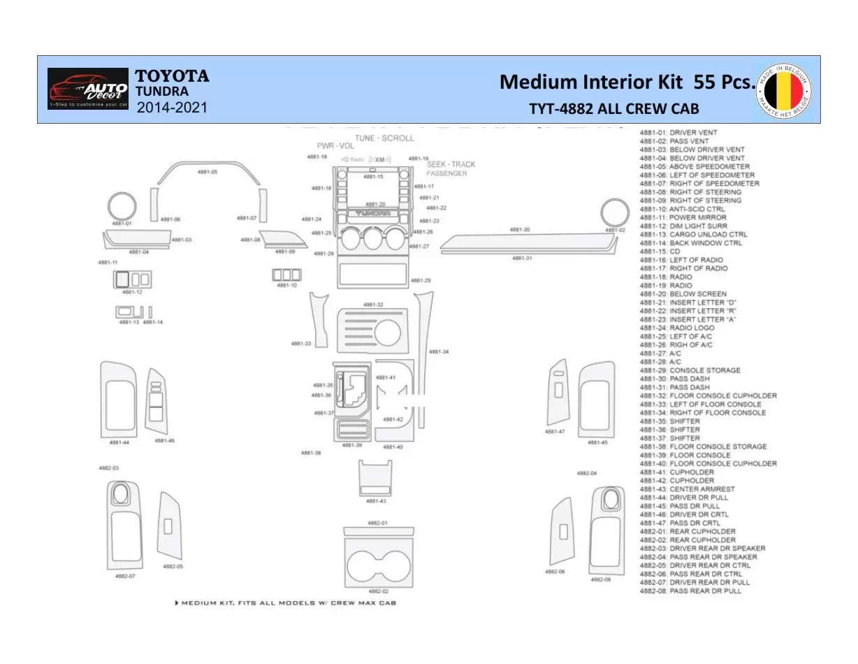 Toyota Tundra 2014-2021 Kit la décoration du tableau de bord 55 Pièce - 1 - habillage decor de tableau de bord