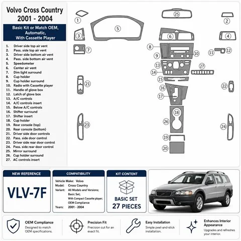 Volvo Cross Country 2001-2004 set de base, With Compact Cassette player, compatible OEM kit décor tableau de bord 3D
