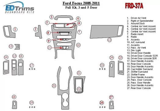 Ford Focus 2008-2011 Ensemble Complet, 3 and 5 Des portes BD Kit la décoration du tableau de bord - 1 - habillage decor de table