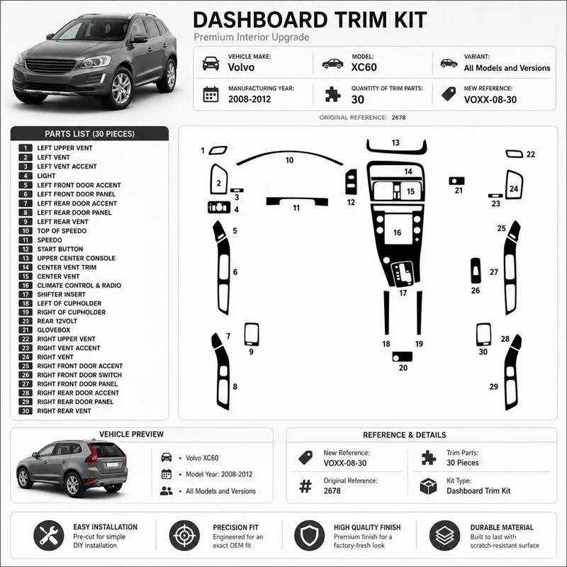 Volvo XC60 2008-2012 kit décor tableau de bord 3D, 30 pièces