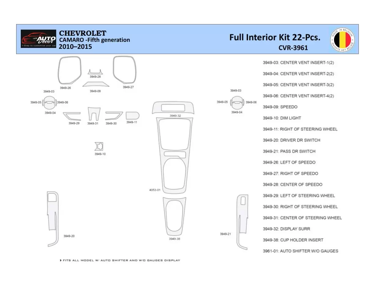 Chevrolet Camaro 2010-2015 Kit la décoration du tableau de bord 22 Pièce - 1 - habillage decor de tableau de bord