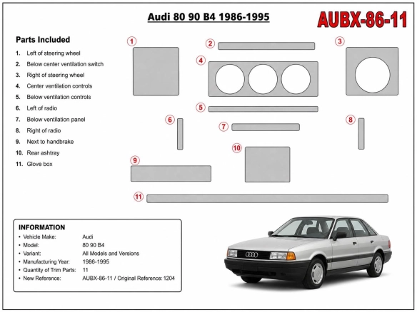 Audi 80 90 B4 1986-1995 kit décor tableau de bord 3D, 11 pièces