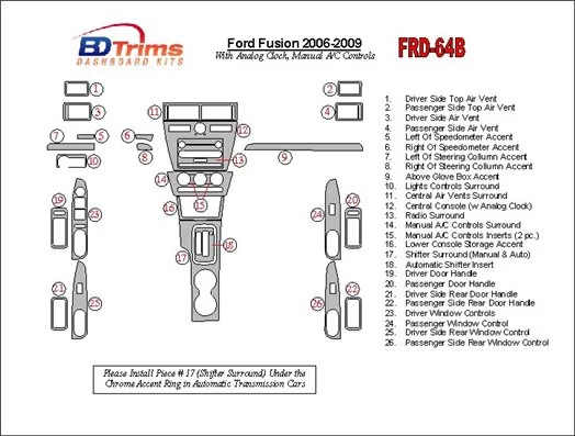 Ford Fusion 2006-2009 Avec Analogue Clock, boîte manuellebox A/C Controls BD Kit la décoration du tableau de bord - 1 - habillag