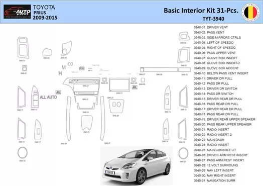 Toyota Prius 2009-2015 Kit la décoration du tableau de bord 31 Pièce - 1 - habillage decor de tableau de bord