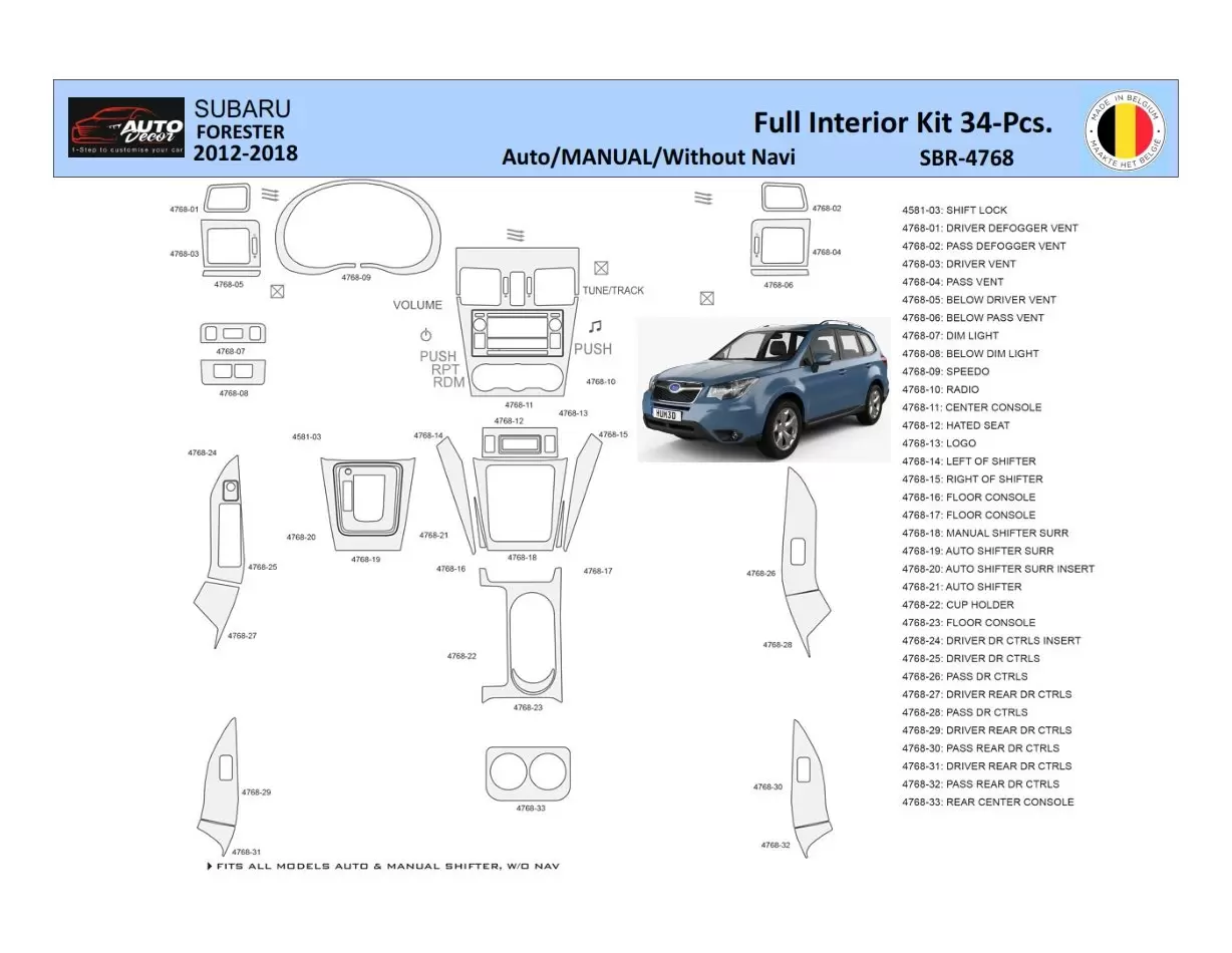 Subaru Forester 2012-2018 Kit la décoration du tableau de bord 34 Pièce - 1 - habillage decor de tableau de bord