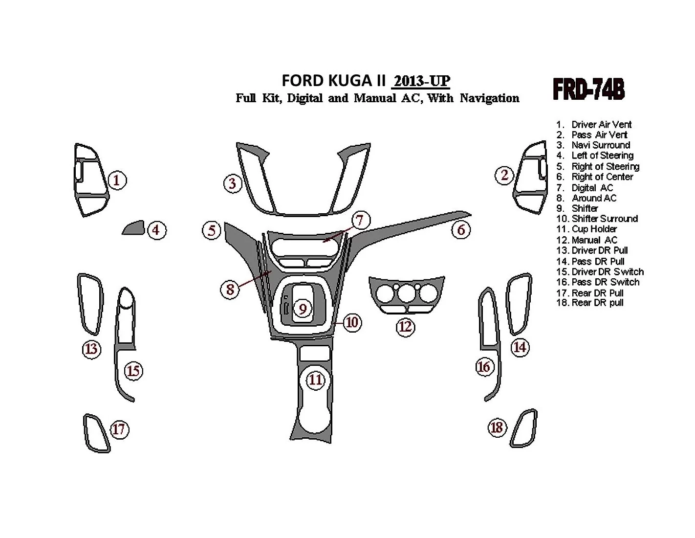 Ford Kuga 2013-UP Ensemble Complet, Avec NAVI BD Kit la décoration du tableau de bord - 1 - habillage decor de tableau de bord