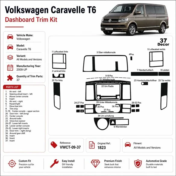 Volkswagen Caravelle T6 2009+ kit décor tableau de bord 3D, 37 pièces