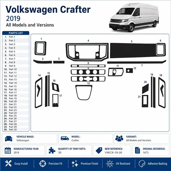 Volkswagen Crafter 2019 kit décor tableau de bord 3D, 30 pièces