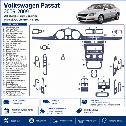 Volkswagen Passat 2006-2009 boîte manuelle AC Controls, set complet kit décor tableau de bord 3D