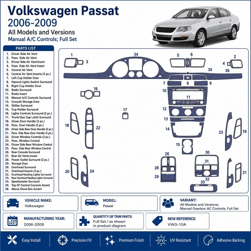 Volkswagen Passat 2006-2009 boîte manuelle AC Controls, set complet kit décor tableau de bord 3D