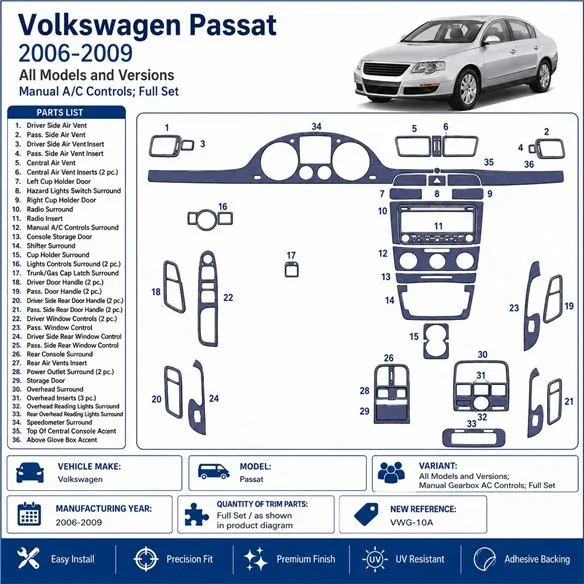 Volkswagen Passat 2006-2009 boîte manuelle AC Controls, set complet kit décor tableau de bord 3D