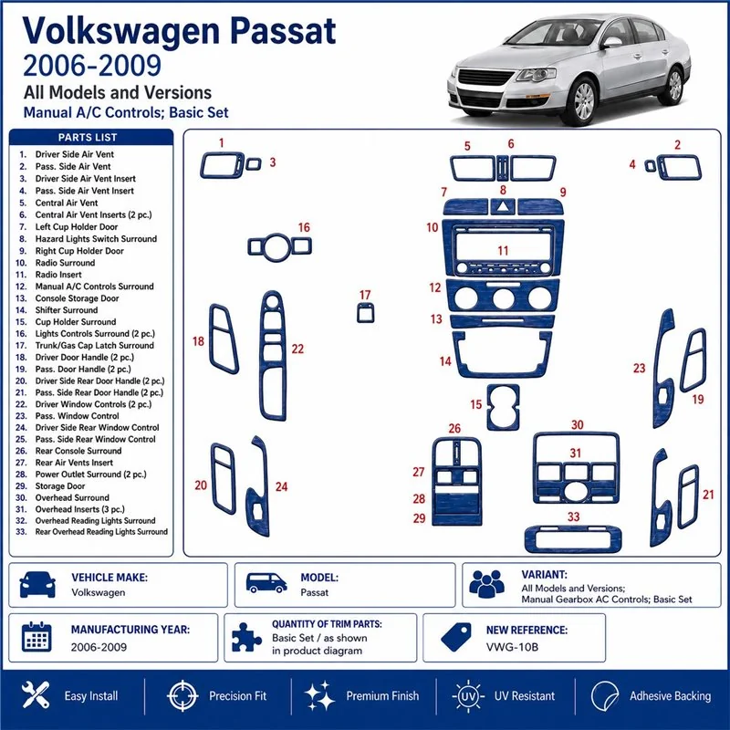 Volkswagen Passat 2006-2009 boîte manuelle AC Controls, set de base kit décor tableau de bord 3D